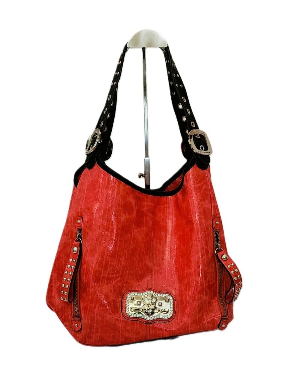 Vintage Y2K Kathy Van Zeeland Large Coral Orange Patent Hobo Bag Rhinestone